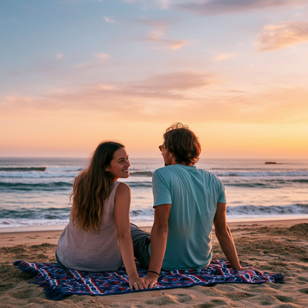 Sitting on a Blanket Facing the Ocean a couple2