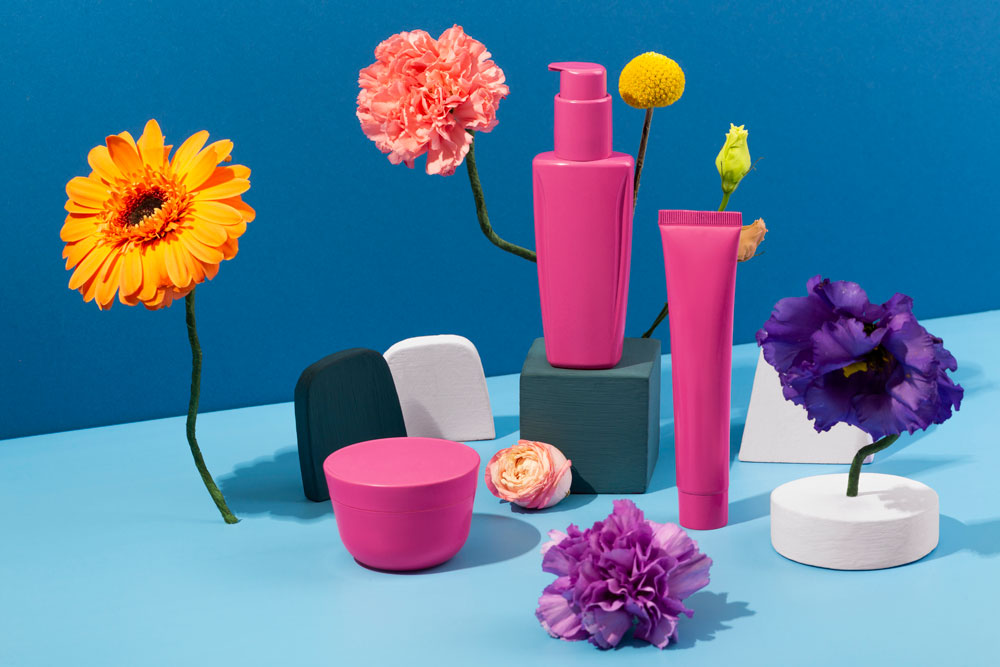 flowers cosmetics containers arrangement photography